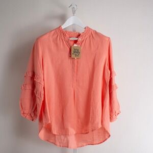 Ivy Jane Women's Ruffle‎ Sleeve Top Blouse Coral Linen Small